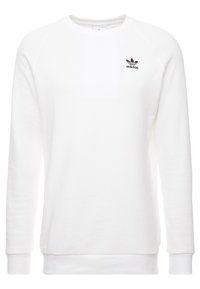 Sudadera blanca con cuello redondo, puños y dobladillo acanalados. Presenta el logo negro de Adidas en el pecho. Fabricada con material suave.