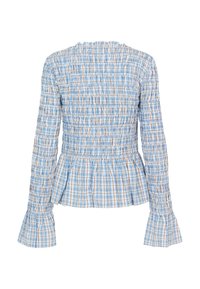 Blusa xadrez azul com mangas longas bufantes, decote com franzido e bainha peplum; apresenta tecido franzido para textura e ajuste ajustável.