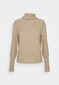 Beżowy sweter z golfem, wykonany z miękkiego materiału. Posiada długie rękawy raglanowe oraz ściągacze na końcach rękawów i u dołu. Prosta, textured wykończenie.