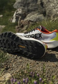 Chaussures de trail running Adidas Terrex Agravic blanches avec semelles en caoutchouc noir Continental reposant sur un sentier extérieur rocheux.