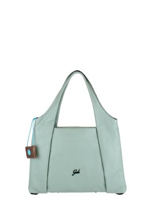 Borsa a mano in pelle azzurro chiaro con manici ampi, piccola etichetta attaccata e logo del marchio ricamato nero al centro davanti.