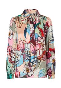 Blusa floral multicolorida hecha de tela ligera. Cuenta con un collar tipo lazo, mangas largas con puños elásticos y un corte relajado.