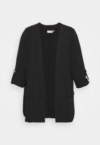 Svart öppen cardigan med trekvartsärmar, med knapprunor, två framfickor och en lätt tygkvalitet.