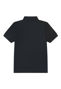 Czarna koszulka polo z krótkim rękawem, płaskim kołnierzykiem i teksturowanym materiałem. Tył nie zawiera żadnych logo ani dodatkowych wzorów.