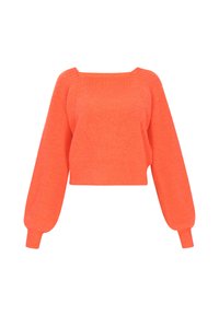 Pull court à manches courtes de couleur orange vif avec une texture côtelée, des manches larges et un décolleté carré. Idéal pour superposer ou pour un style décontracté.