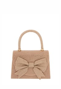 Beige handbag with structured body, textured fabric embellished with small metallic studs, and a large bow accent on the front.