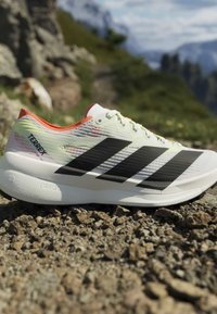 Λευκό και πορτοκαλί παπούτσι τρεξίματος Adidas Terrex με μαύρες ρίγες, τοποθετημένο σε βραχώδες έδαφος σε ορεινό υπαίθριο περιβάλλον.