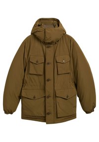 Olivenfarvet dunjakke med hætte, der har to brystlommer, to nederste lommer og knaplukninger foran. Tekstureret stof.