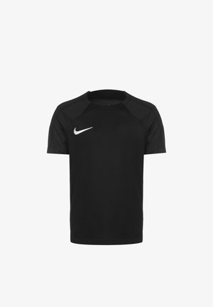 Zwarte sportieve t-shirt gemaakt van vochtregulerend materiaal. Heeft een ronde hals, korte mouwen en een wit Nike-logo op de linkerborst.