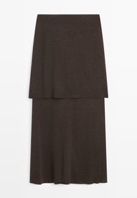 Dark brown knitted midi skirt with a wide waistband and ribbed detailing at the top edge, displayed flat on a white background.