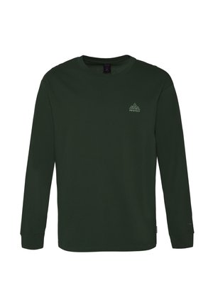 Dlouhý rukáv tričko v tmavě zelené barvě z bavlny s kulatým výstřihem, úzkými manžetami a malým logem hory na hrudi. Měkká, hladká textura.