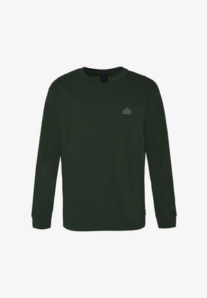 T-shirt a maniche lunghe in cotone verde scuro con collo rotondo, polsini aderenti e un piccolo logo di montagna sul petto. Texture morbida e liscia.