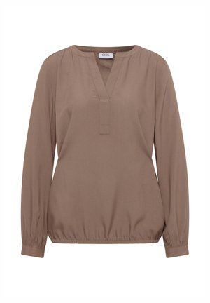 Bruine blouse met een V-hals, lange mouwen en een geraffineerde zoom. Gemaakt van zachte stof met een gladde textuur. Minimalistisch design, geen patronen.