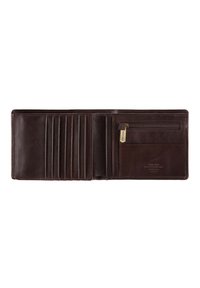 Dark brown leather wallet with multiple card slots, a zippered pocket, and a smooth texture. Features subtle branding on the inner surface.