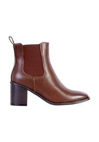 Bottine en cuir marron avec des panneaux latéraux élastiques, bout arrondi et un talon empilé. Elle dispose d'une languette pour un enfilage facile.