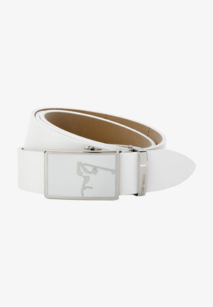 White leather belt with a rectangular silver buckle featuring an embossed design and a metallic accent on the side. Smooth texture.