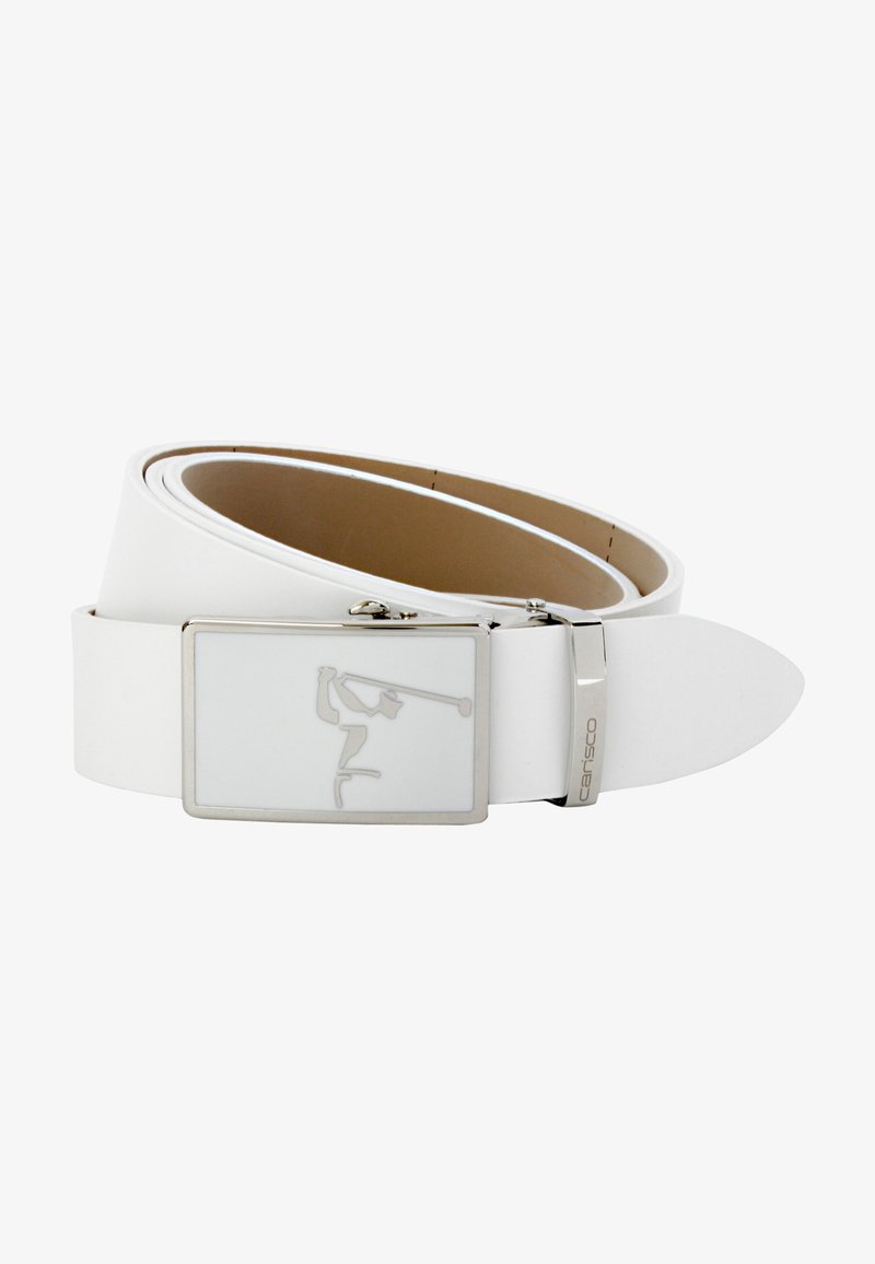 Weißer Leder Gürtel mit einer rechteckigen silbernen Schnalle, die ein geprägtes Design und eine metallische Akzentuierung an der Seite aufweist. Glatte Textur.