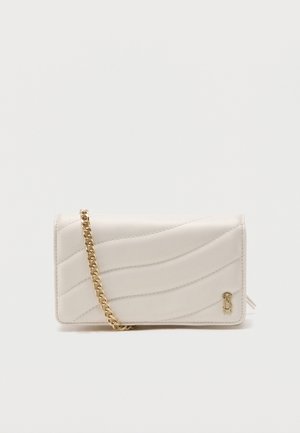 White rectangular quilted purse with a gold chain strap and small gold logo on the bottom right corner.