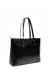 Borsa a spalla in pelle nera con texture liscia, hardware dorato, due manici lunghi e lati affusolati con accenti decorativi.