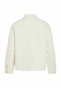 Vue de dos d'une veste longue à manches longues, unie, de couleur blanc cassé, avec un col et des poignets boutonnés.