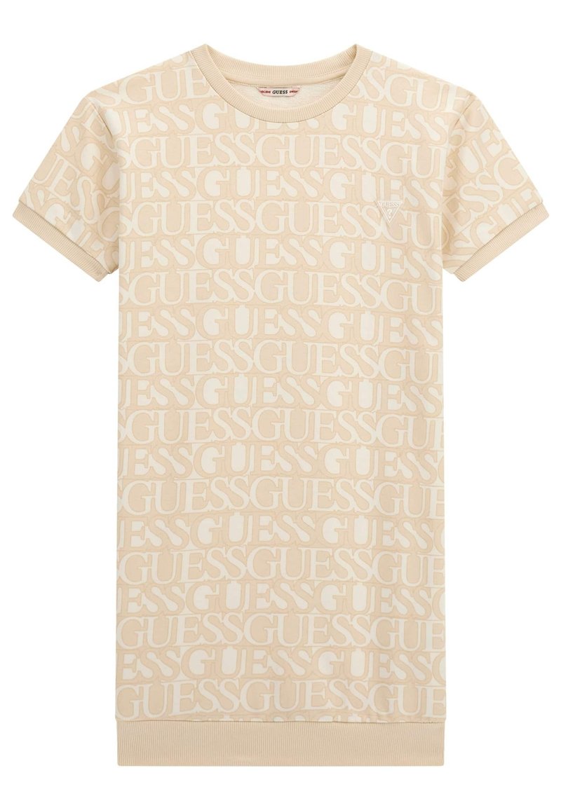 Abito beige a maniche corte con un motivo ripetuto in tutto il vestito del logo "GUESS". Realizzato in morbido materiale con scollo rotondo a coste e polsini.