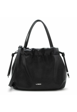 Czarna torebka z teksturowanej skóry z marszczoną górą, dwoma uchwytami, regulowanym paskiem na ramię oraz srebrnym logo L.CREDI z przodu.