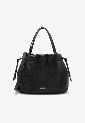 Sac à main en cuir noir texturé avec haut froncé, deux poignées, bandoulière réglable et logo argenté L.CREDI sur le devant.