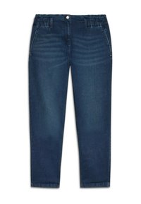 Dunkelblaue Denimjeans mit lockerer Passform, elastischem Bund, zwei vorderen Taschen und dezentem Verblassen des Stoffs.