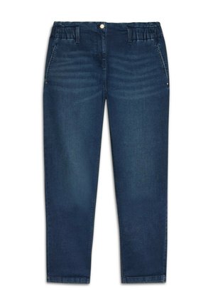Donkerblauwe denim jeans met een relaxed fit, met een elastische taille, twee voordeksels en subtiele vervagingen op de stof.