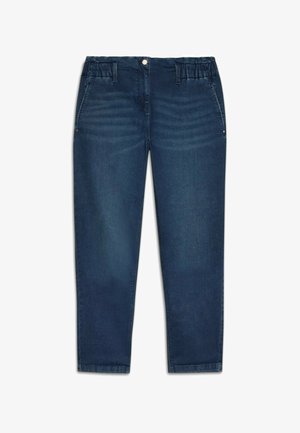 Dark blue denim jeans with a relaxed fit, featuring an elastic waist, two front pockets, and subtle fading on the fabric.