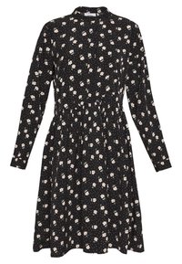 Svart långärmad klänning med blommönster i vitt och grönt, med krage, knäppning fram och rynkad midja.