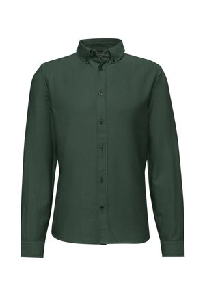 Tummanvihreä pitkähihaisten paita, jossa on napitettava kaulus, etunapit ja sileä kangas. Varustettu istuvilla hihaosuilla ja muotoon ommellulla leikkauksella.