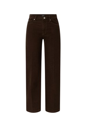 Dark brown straight-leg corduroy pants with front pockets, belt loops, and a button closure at the waist.