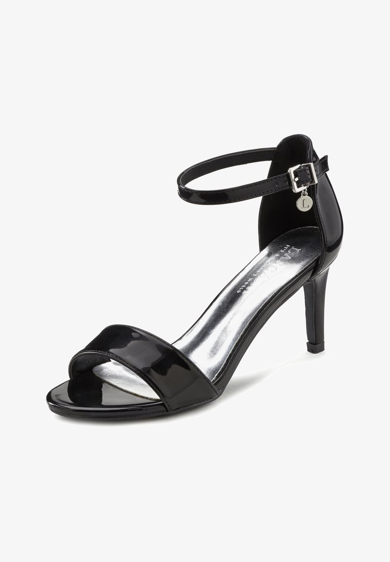 Schwarze Lackleder-High-Heel-Sandalen mit einem breiten Zehenriemen, einem Knöchelriemen mit Schnalle und einer metallic-silbernen Innensohle.