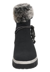 Svart vattentålig stövel med fuskpälskant, texturerad yta, snörningsdesign och kontrasterande grå trim. Hållbar gummisula för bra grepp.