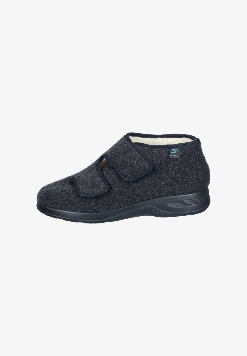 Pantofole in feltro grigio scuro con due strap regolabili in Velcro, rivestimento di panna chiara, colletto imbottito e suola in gomma nera testurizzata.