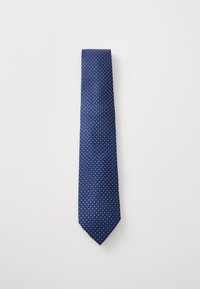 Marineblaue Krawatte mit einem kleinen weißen Punktenmuster, aus glattem Stoff, mit spitzem Ende und im Standardbreiten-Design.