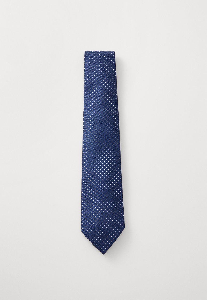 Marineblaue Krawatte mit einem kleinen weißen Punktenmuster, aus glattem Stoff, mit spitzem Ende und im Standardbreiten-Design.