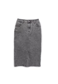 Gonna midi in denim grigio con silhouette dritta, chiusura frontale con bottoni, cinque tasche e sfumature sottili. Presenta cuciture lungo le cuciture.