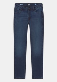 Mörkblå denimjeans med rak bendesign, som har fem fickor, metallknappar och subtil blekning på framsidan.