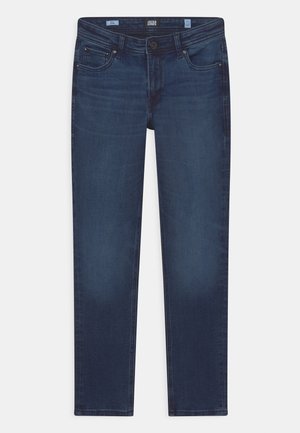 Mörkblå denimjeans med rak bendesign, som har fem fickor, metallknappar och subtil blekning på framsidan.