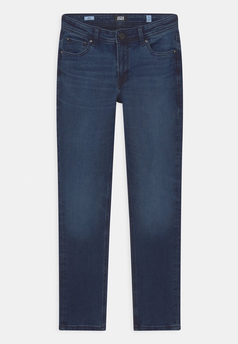 Mörkblå denimjeans med rak bendesign, som har fem fickor, metallknappar och subtil blekning på framsidan.