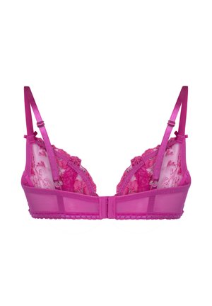 Rosa Spitzen-BH mit verstellbaren Satin-Trägern und transparenten Mesh-Seiten, von hinten mit Haken- und Ösenverschluss gezeigt.