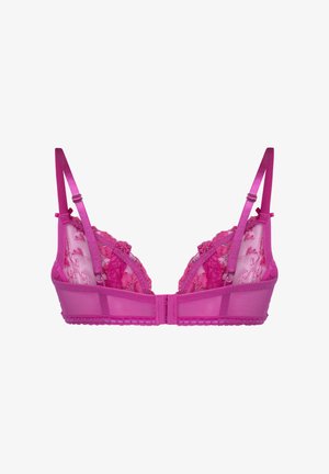 Pink lace bra with adjustable satin straps and sheer mesh sides, displayed from the back with hook-and-eye closure.