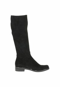 Botas negras hasta la rodilla hechas de suave ante, con un diseño elegante, punta afilada y un tacón bajo y brillante. Textura suave sin patrones visibles.