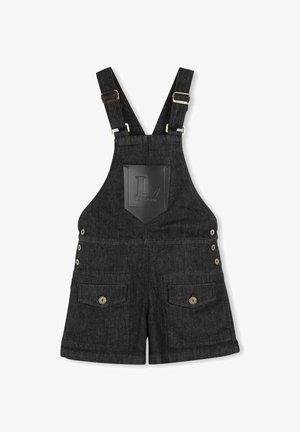Black denim overalls feature a square front pocket with a brand logo, adjustable straps, and button details on the sides and pockets.