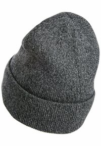 Grijze gebreide beanie muts met een omgeslagen ontwerp. Kenmerkt zich door een gestructureerd patroon en een dichtgebreid materiaal, geschikt voor koud weer.