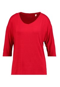 T-shirt rosso a V con maniche tre quarti, realizzato in morbido cotone e con una vestibilità comoda. Tessuto liscio senza motivi o decorazioni visibili.
