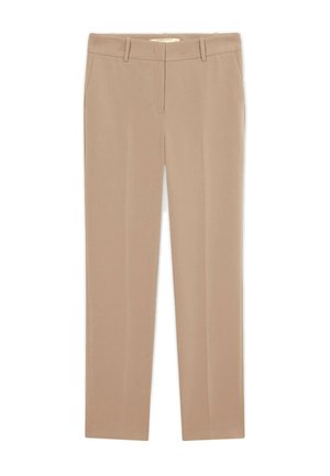 Pantaloni beige a gamba dritta con passanti per cintura e davanti piatto, stesi su uno sfondo bianco.