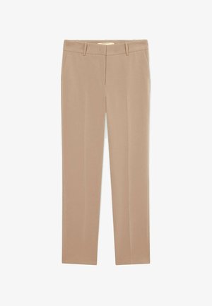 Pantalon droit beige avec passants pour ceinture et devant plat, posé à plat sur un fond blanc.